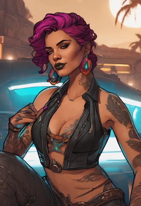 Borderlands 3 siren character designer, aura, neon tattoos, Black suite, badass pose