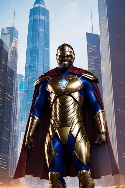 An African superhero in shiny, detailed armor, with a flowing cape and a confident smile on his face, Standing in a futuristic city with skyscrapers in the background.