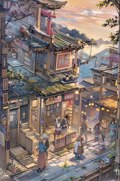 （（（Comic storyboard））），comic strip，Two-dimensional picture，Manhwa Style，Ultra-wide angle of view，China-style，a town with beautiful scenery，Faraway view，Vivid and bright colors，super-fine，ultra - detailed，high qulity，8K ，oc rendered，dynamic viewing angle，Hy...