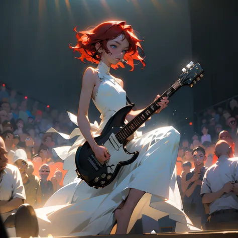 (Extremely detailed), (Ultra-detailed), Realistic, In a small live music club, (Full body shot), Various lighting effects used in live concerts, (Photos with motion blur from moving subjects), 17 years old girl, guitarrist, Highly detailed electric guitar,...