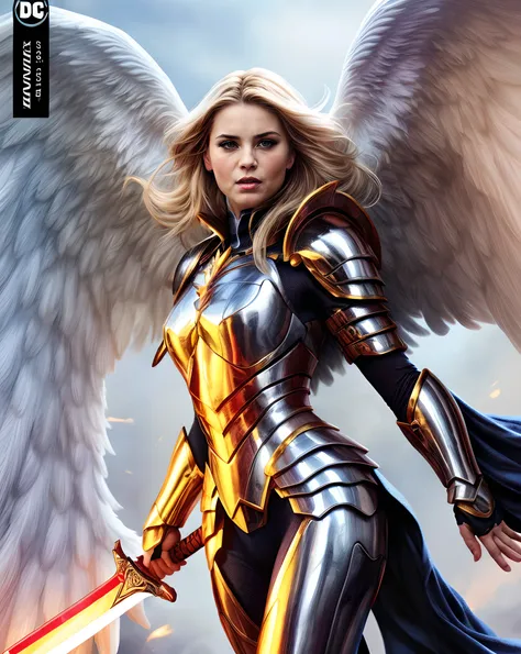 (Comic book cover art: 1.5), an female archangel prepared for battle, an extremally beautiful warrior angel, ultra feminine, long hair, blond hair, braided hair, wearing divine heavy armor, (white armor: 1.2), (angel wings: 1.2) spread, aremed with fantasy...