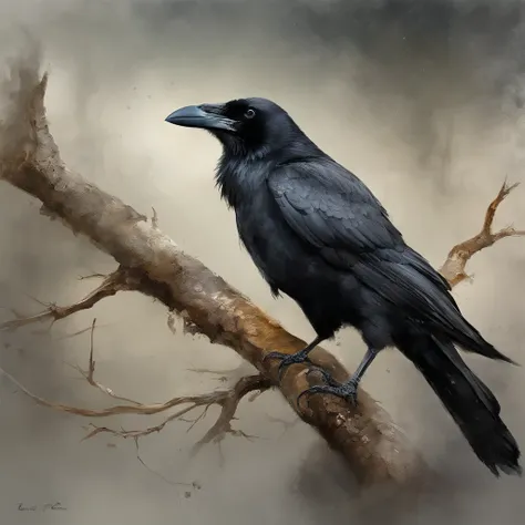 A crow in a dead tree, The crow is rich in detail and realistic，Em Forma de sombra de um caminhante, Noite estrelada, Thick fog on the ground, Luz azul no horizonte, Motor Unreal5, cinemactic, Low angle photo, motion blur, proFundidade de campos, dust, Sei...