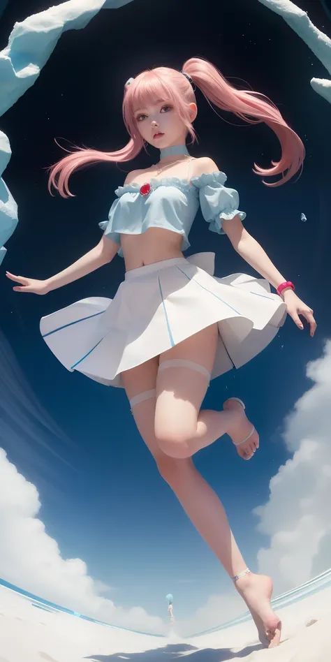 ((Full body)) 1.2 (( falling through the air )) a enchantly beautiful woman with pink eyes blue-greenish twin ponytails, wearing a red choker, blue large  crystal pendant, matching  wrist bands, white leather two piece skirt and blouse with  snow white tra...