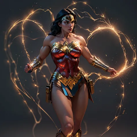 glowing rolled up Lasso welding Wonder Woman, muscular athletic body, photo-realistic, octane render, unreal engine, ultra-realistic