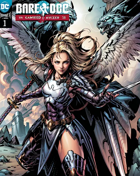 (Comic book cover art: 1.5), an female archangel prepared for battle, an extremally beautiful warrior angel, ultra feminine, long hair, blond hair, braided hair, wearing divine heavy armor, (white armor: 1.2), (angel wings: 1.2) spread, aremed with fantasy...