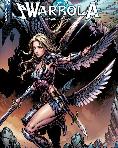 (Comic book cover art: 1.5), an female archangel prepared for battle, an extremally beautiful warrior angel, ultra feminine, long hair, blond hair, braided hair, wearing divine heavy armor, (white armor: 1.2), (angel wings: 1.2) spread, aremed with fantasy...