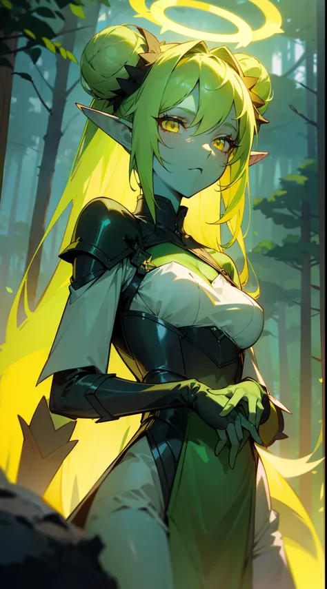 1girl,solo,((green skin,colored skin)),medium breasts,green hair,double bun,elf ears,pink eyes, empress of nature dress,(((yellow halo))),(night castle in forest), night,