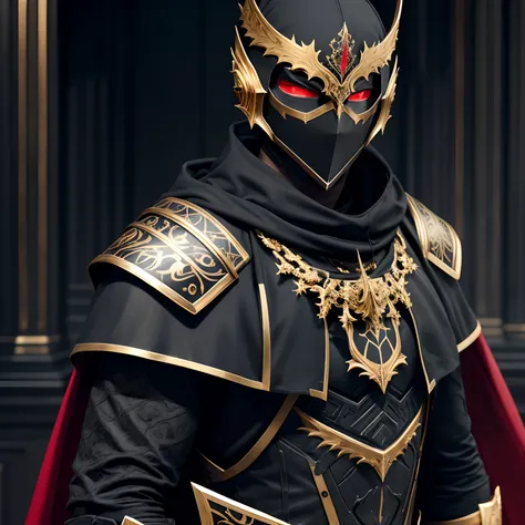 Dunklere Szene, (((Mann))), Gesicht, black armor, Maske, Rote Augen, High Quality, super detailliert, Super Dark Armor, Vorderseite, dunkleres Bild, Vorderseite, 4 Metallflügel, nearer, mehr vorne, black armor, ((Red ornament with golden rims)), ((Man)),