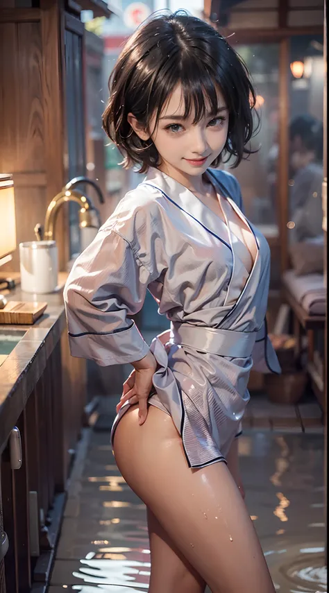 (NSFW), 1womanl, Solo, 24 year old, 7headed body, (cute  face), (Ideal ratio body proportions), ryokan, Indoor open-air bath, bath robe, Soaking in hot water, Smiling smile, erectile nipple, Sexy body, Wet, short-hair, Dark hair, small tits, A slender, Sma...