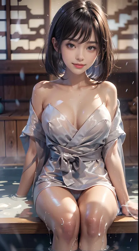 (NSFW), 1womanl, Solo, 24 year old, 7headed body, (cute  face), (Ideal ratio body proportions), ryokan, Indoor open-air bath, bath robe, Soaking in hot water, Smiling smile, erectile nipple, Sexy body, Wet, short-hair, Dark hair, small tits, A slender, Sma...