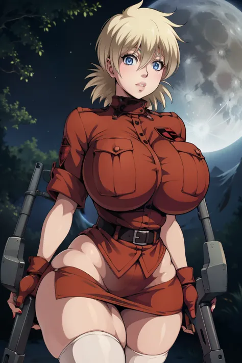 Hellsing Ultimate, Seras Victoria, 1girl, ((bimbo))), short blond hair, blue eyes, puffy lips, thick lips, wide hips, thick thighs, enormous round fake breast, huge ass, kiss face, tight yellow police uniform, breasts squeezed together, picture from above,...