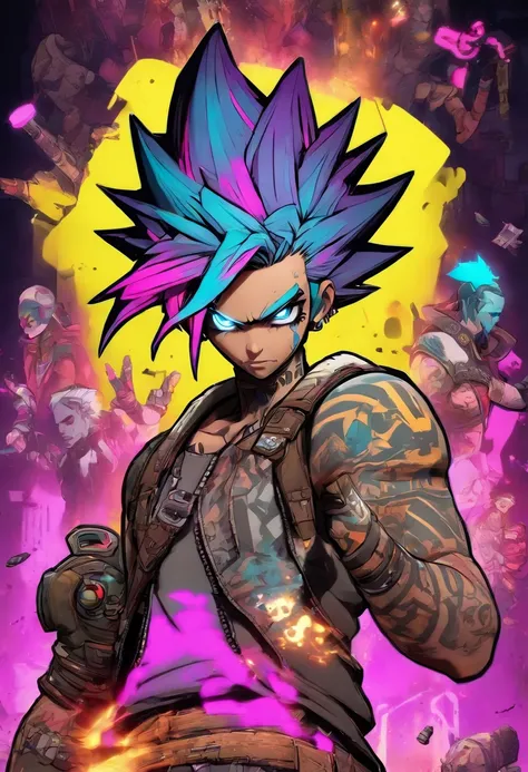 Borderlands 3 designer de personagens homem siren, aura, tatuagens neon, sobretudo Preto, edgy pose, Cel shading style, aura purple, borderlands scenario