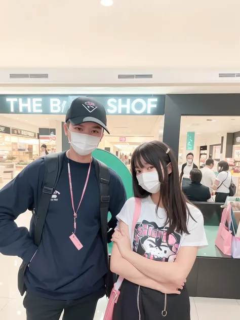 they are standing in a mall with masks on, smooth in _ the background, 😭🤮 💔, in a mall, taken with sony alpha 9, 🤬 🤮 💕 🎀, appearing in a shopping mall, shot on canon eos r5, shot on canon eos r 5, with ivy, 😭 🤮 💕 🎀, taken with canon eos 5 d mark iv