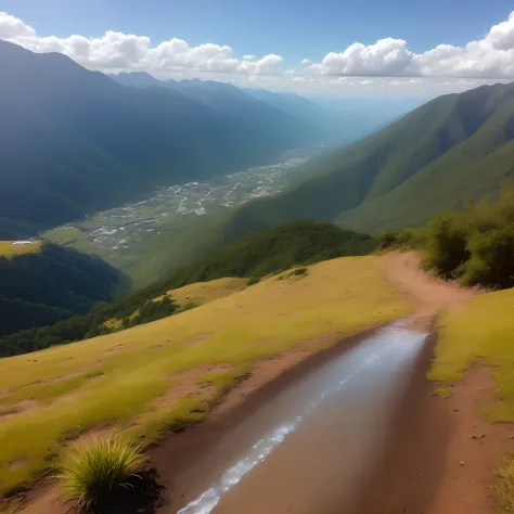 It was a sunny morning on the mountain. Nesse dia especial, A small drop of water awoke in the heights. Ela morava em um riacho cristalino no topo da montanha, next to her friends drops of water. Hoje era o dia em que Gota embarcaria em uma jornada