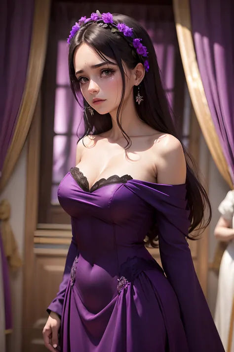 corpo inteiro, Widowed woman, vestido longo preto, gotic, tomba, alta qualidade, muitos detalhes, (foco no corpo:1.25), flores brancas, Face with tears, Cinematic Shot, Purple velvet curtain in background.