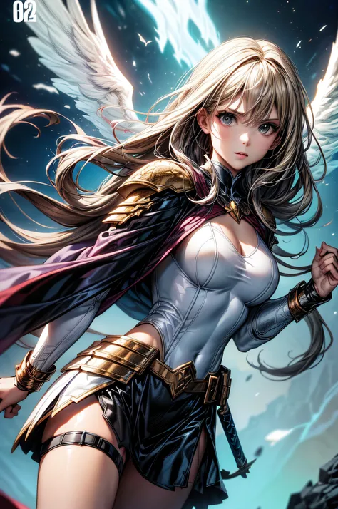 (Comic book cover art: 1.5), an female archangel prepared for battle, an extremally beautiful warrior angel, ultra feminine, long hair, blond hair, braided hair, wearing divine heavy armor, (white armor: 1.2), (angel wings: 1.2) spread, aremed with fantasy...