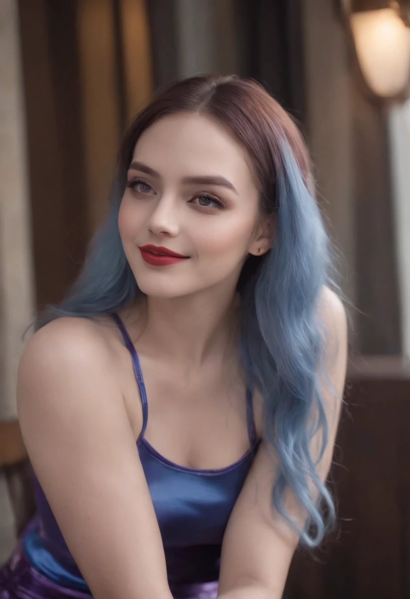 best qualtiy，tmasterpiece，Harley Quinn（Realistic1.2) Photorealistic：2.0）short gym metalic color top and blue satin shorts，drinking coffe on a balcony，full bodyesbian，blue and purple hair long，Very detailed facial features，Delicate facial expressions，ssmile...