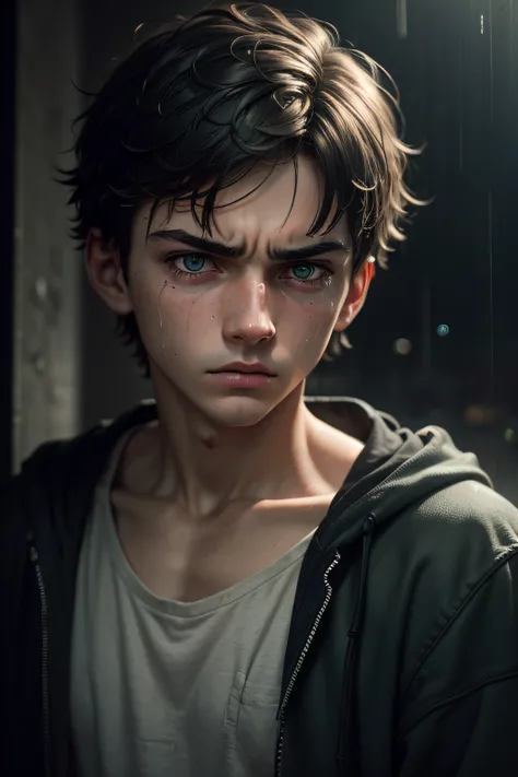 (sharp focus:1.2), an award-winning shot of a deep depressed casual boy teenager, thunderstorm outside, dull backlighting, extremely detailed skin, extreme sadness, hopelessness, visible mental illness, bleary eyes, (deep shadows:1.1), high contrast, beaut...