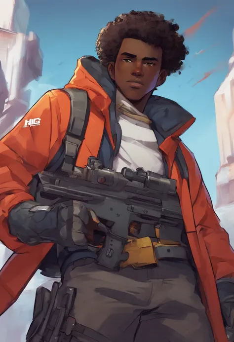 A closeup of a dark-skinned teenager holding a sniper rifle, a blue and white jacket with the number 49 on the front, luvas vermelhas, Dark gray pants and selver boots, um hulster que abriga uma pistola. Personagem afro-americano em Overwatch , olhos amare...