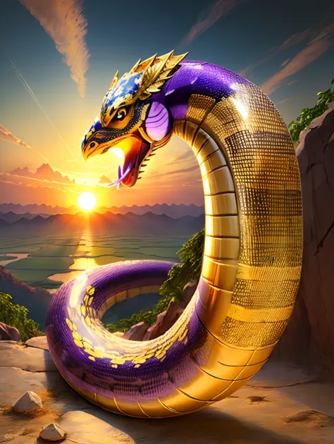 King cobra realistic  background purple and golden sun and sky with india landscape