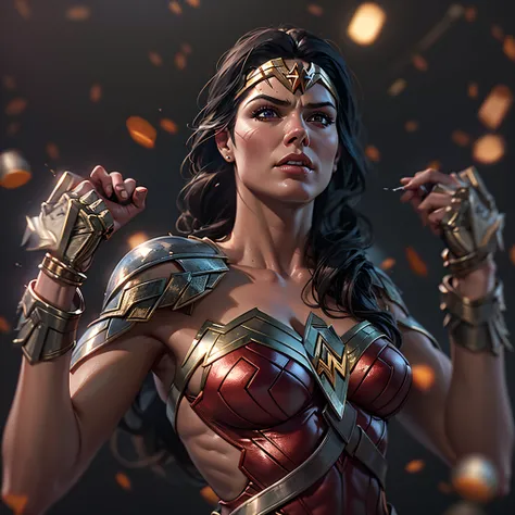 Wonder Woman, muscular athletic body. Bullets ricocheting off her bracelets. photo-realistic, octane render, unreal engine, ultra-realistic