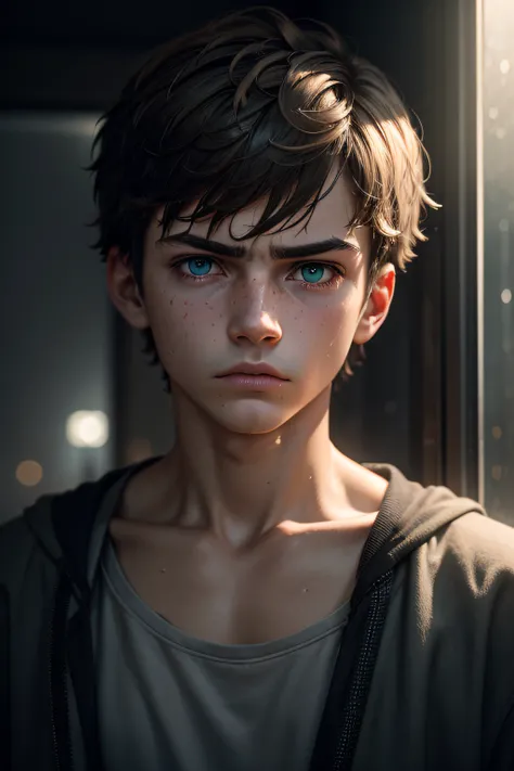 (sharp focus:1.2), an award-winning shot of a deep depressed casual boy teenager, thunderstorm outside, dull backlighting, extremely detailed skin, extreme sadness, hopelessness, visible mental illness, bleary eyes, (deep shadows:1.1), high contrast, beaut...