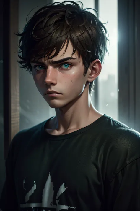 (sharp focus:1.2), an award-winning shot of a deep depressed casual boy teenager, thunderstorm outside, dull backlighting, extremely detailed skin, extreme sadness, hopelessness, visible mental illness, bleary eyes, (deep shadows:1.1), high contrast, beaut...