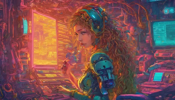 masterpiece, super best quality, intricate detail, absurdres, (dissection:1.3) of a (damaged:1.2) (machine:1.1) with long blue hair and beautiful detailed green eyes, her hair going down on her pretty boobs, wearing sexy armor-fit, she has a (mechanical (h...