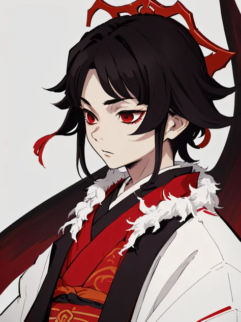 tmasterpiece, beste-Qualit, 独奏, 1boy, Vermilion hair, , dark kimono, upper-body, portraite of a, bloods,  black detailed hair, 15 year old boy