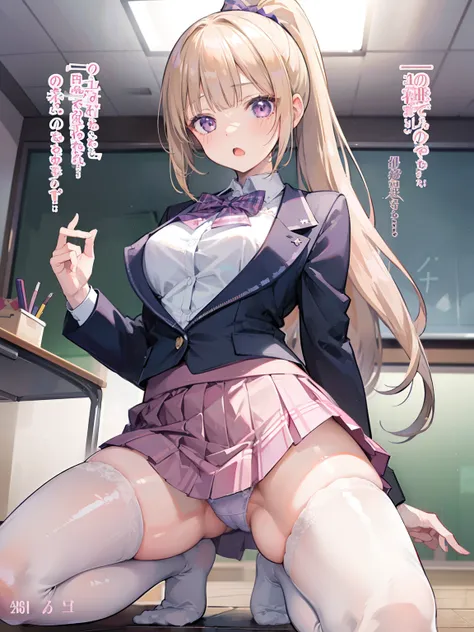 1girl, Kei Karuizawa, (classroom of the Elite), solo, blonde hair, purple eyes, short tartan skirt, ponytail, waist length hair, long hair, bra, looking at viewer, open mouth, kneeling, spread legs, blush, highres, masterpiece, best quality, knee high sock...