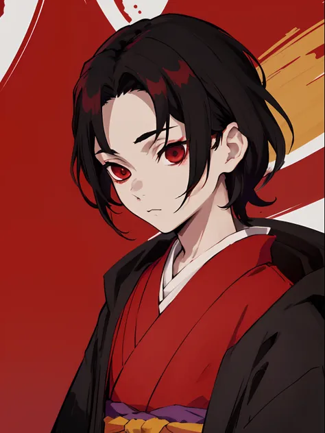 tmasterpiece, beste-Qualit, 独奏, 1boy, Vermilion hair, , dark kimono, upper-body, portraite of a, bloods, black detailed hair, 15 year old boy