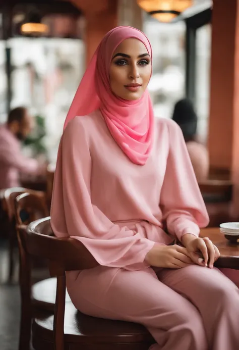 Woman in hijab. Wearing pink color skin lose clothing. Clothing so pretty suits her a lot sittinng in a cafe