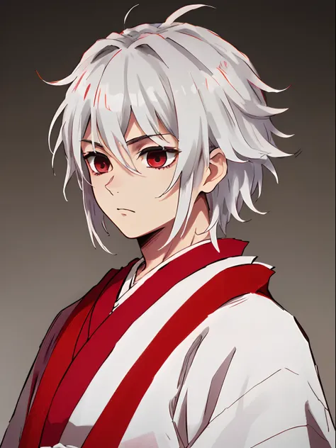 (((highest quality)))) masterpiece, beste-Qualit, 独奏, 1boy, Vermilion hair, , dark eyes, red kimono, upper-body, portraite of a, white silver hair colour, respect anotomy correctly