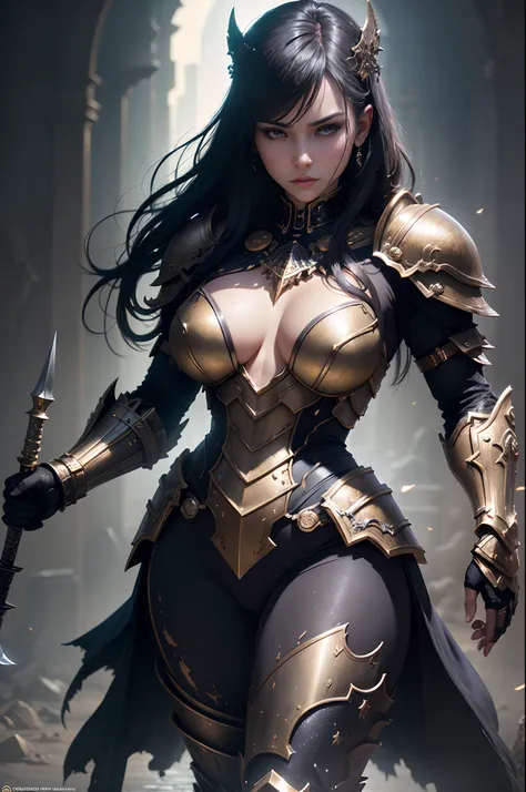 In 8K resolution(full bodyesbian:1.3)shots、splashart、Fantastic comic book style、Photorealistic and intense look、Anatomical photorealistic digital painting(Adult male:1.3)Human portrait(AS-Adult:1.3)Black and gold complex(heavily armored:1.3)with  the(Dark ...