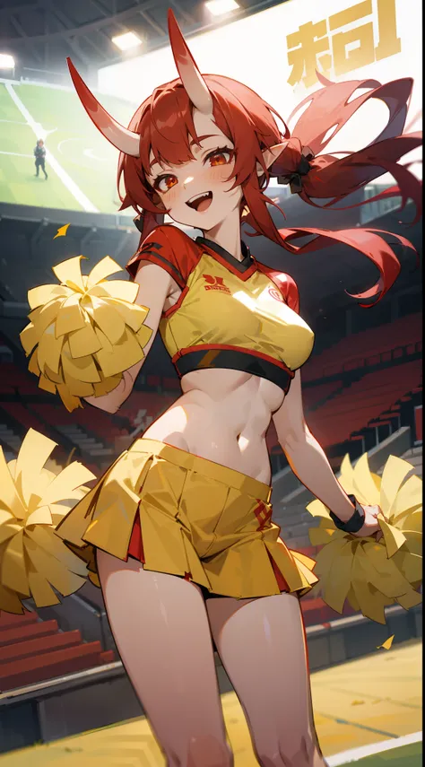 1oni woman,mature female,solo,happy expression,meduum breasts,red hair,long twintail hair,elves ears,oni horns,red eyes,smile,open mouth,yellow cheerleader outfit, holding yellow pompoms,bare belly, standing in a football stadium,