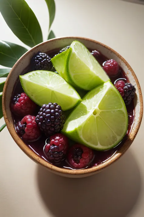 Represente uma amora suculenta e madura, com sua cor roxa intensa e brilhante. The blackberry must be exhibiting small seeds on its surface, evidencing its characteristic texture. Ao redor da amora, adicione algumas folhas verdes, simbolizando frescor e na...