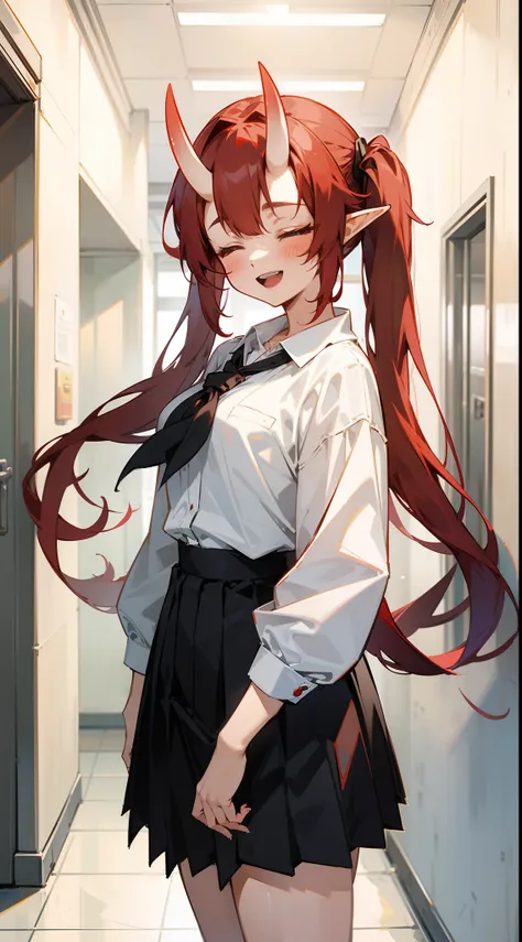 1oni woman,mature female,solo,happy expression,white shirt,black skirt,red hair,long twintail hair,elves ears,oni horns,closed eyes,smile,open mouth,standing in a school hallway,cowboy shot