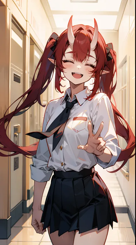 1oni woman,mature female,solo,happy expression,white shirt,black skirt,red hair,long twintail hair,elves ears,oni horns,closed eyes,smile,open mouth,standing in a school hallway,cowboy shot