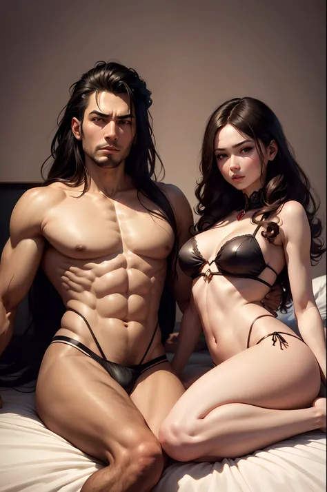 Arad man and woman in underwear pose on bed, artgerm and genzoman, WLOP and Sakimichan, sakimichan and frank franzzeta, wlop and andrei riabovitchev, ultra-realistic picture, roberto ferri and ruan jia, commission for high resolution, photorealistic perfec...