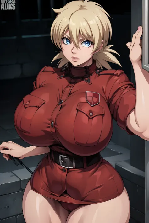 Hellsing Ultimate, Seras Victoria, 1girl, ((bimbo))), spikey blond hair, Blue eyes, puffy lips, thick lips, wide hips, thick thighs, enormous round breast, huge round ass, oily shiny skin, breasts squeezed together, very tight red police uniform, posing, p...