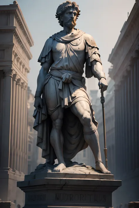 create an image of the statue of Marcus Aurelius, athletic style, cinemactic, 8k, fundo escuro.