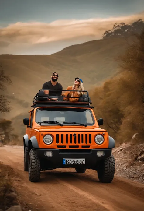 Suzuki jimny in orange with rounded corners, 4k image, using luggage rack for expedition, using mud tires, in the background images of a mountain, mud, happy driver, driver is wearing a cap and sunglasses, female passenger with long blonde hair, Suzuki jim...