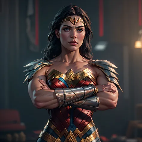 Wonder Woman, muscular athletic body. Arms crossed in front of her. Bullets ricocheting off her bracelets. photo-realistic, octane render, unreal engine, ultra-realistic