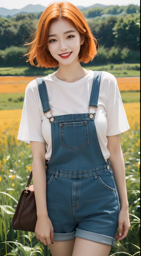 best quality, 4k, 8k, Detailed faces, beauty girl, Korean makeup, Red lips, laugh, perfect body, orange hair, big breasts, thigh, Girl in overalls, girls and cattle, field,