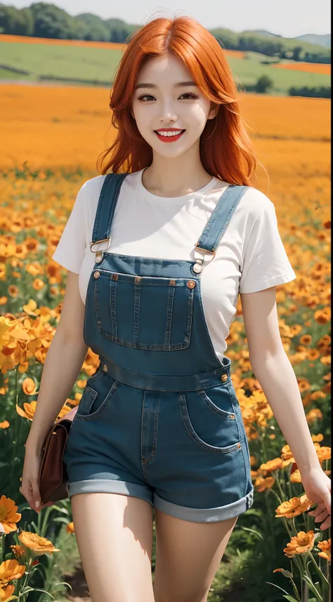 best quality, 4k, 8k, Detailed faces, beauty girl, Korean makeup, Red lips, laugh, perfect body, orange hair, big breasts, thigh, Girl in overalls, girls and cattle, Flower field,