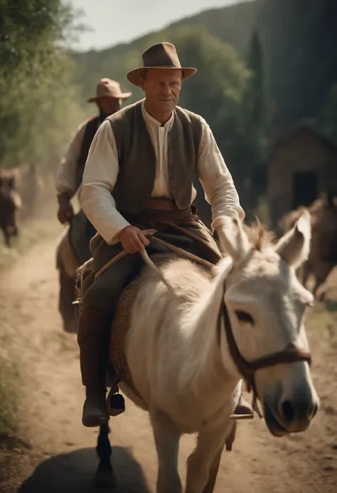 Donald Tusk in peasant clothes riding a donkey