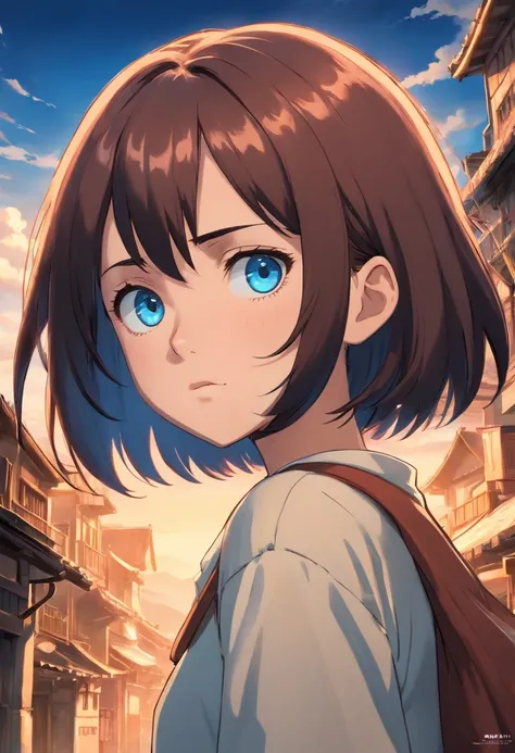 Ackerman girl, 12 years old, focused and serious, dark short hair, blue eyes, anime style, 2D art, Attack on titan universe