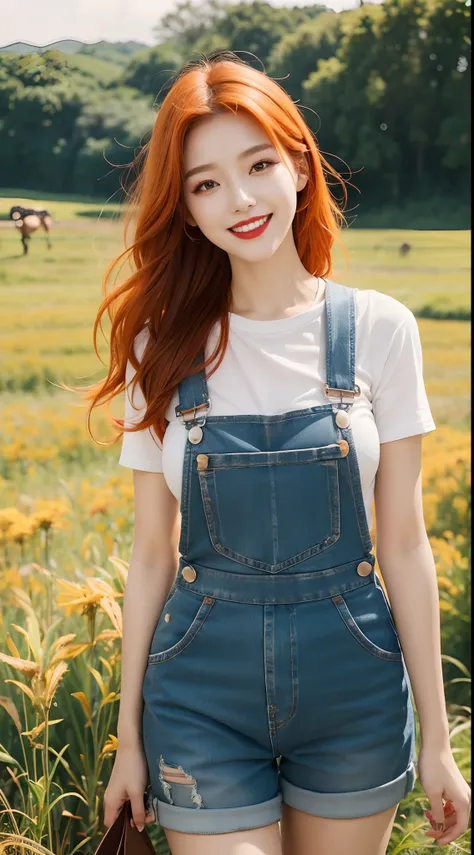 best quality, 4k, 8k, Detailed faces, beauty girl, Korean makeup, Red lips, laugh, perfect body, orange hair, big breasts, thigh, Girl in overalls, girls and cattle, field,