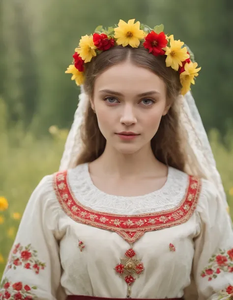 beautiful Slavic girl in a traditional folk costume in a meadow full of flowers in the background of the forest and the countryside