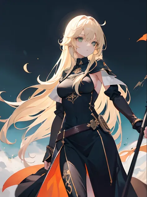 1girl, blond long messy hair, green eyes, built but slim body, wearing long black monk dress, wearing silver gauntlets, looking off into the distance, in a open field, high res, ultrasharp, 8K, fantasy